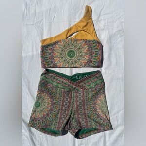 Wolven Yellow and Green Patterned Two-Piece Workout Set